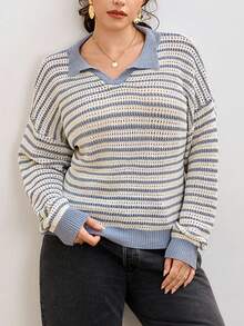 CosyJoli 秋冬大码休闲马球领条纹长袖套头衫