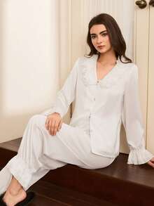 Moireta Bộ đồ ngủ dài tay bằng vải satin xếp nếp thanh lịch và trưởng thành dành cho nữ mùa thu đông - trắng - Xem 4