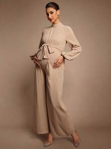 MaterniChic Autumn And Winter Maternity Solid Color Stand Collar Lantern Sleeve Faux Pearl Decor Wide Leg Elegant Jumpsuit - Khaki - View 6