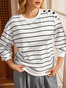 Rosumi 大码休闲条纹长袖T恤，适合通勤，秋季 - 黑與白 - 查看 3