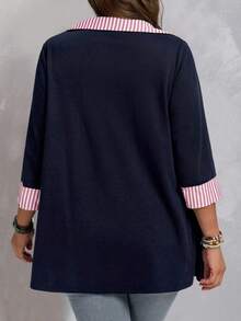 EMERY ROSE Camisa casual de talla grande a rayas y patchwork, otoño - Rojo - Ver 2