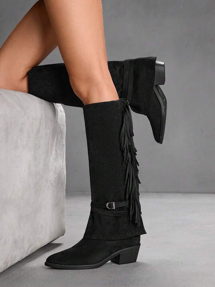 CUCCOO SZL New Fashionable Sexy Pointed Toe Fringe Tall Black Boots, Personalized Elegant Knee-High Boots, Autumn/Winter Slimming Versatile Comfortable Stylish Boots
