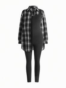 Modmama Set de 2 piezas de maternidad: Mono casual sólido y camisa a cuadros - Multicolor - Ver 13