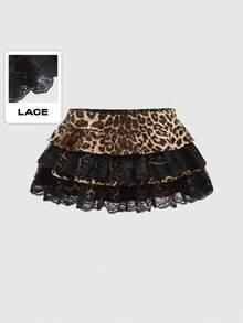 ROMWE Grunge Punk Y2K 复古豹纹蕾丝拼接大码女式迷你裙 - 彩色 - 查看 7