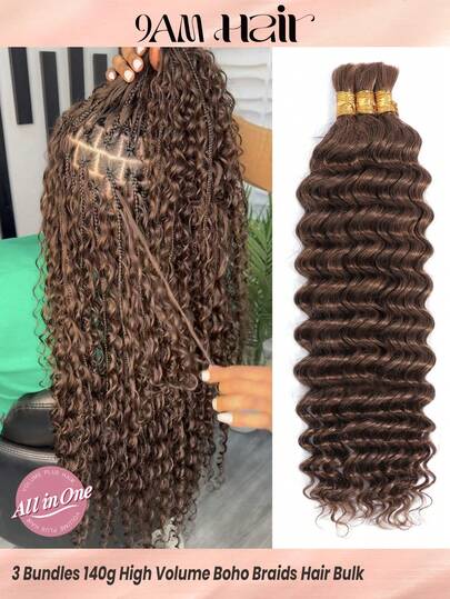 Boho Braids 3 Bundles High Volume Braiding Hair Bulk No Weft Deep Wave Crochet Human Hair Solid Solid Color 4# Medium Brown Reddish Virgin Hair Extension Enough Full Head Weight 4.93 Ounce Knotless Braids Hair Extensions For Women