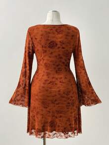 Sunspun 加大码植绒领网纱透视腰修身迷你连衣裙，秋季时尚 - 彩色 - 查看 2