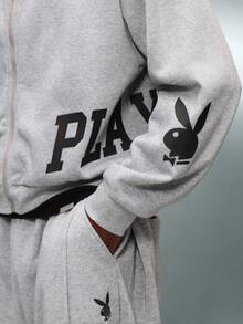 PLAYBOY X SUMWON 拉链连帽衫 短款设计 抽绳兜帽 中央口袋 都市街头服饰 - 灰色 - 查看 4