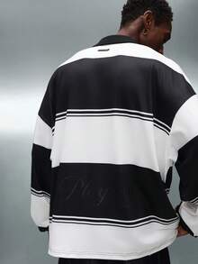 PLAYBOY X SUMWON Camicia casual a maniche lunghe con colletto a righe rugby, chiusura con bottoni, taglio corto - Bianco e nero - Visualizzare 2