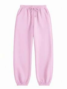 SHEIN BASICS Celana Rajut Wanita Kasual Longgar dengan Kantong Warna Polos/Musim Panas - Mauve Purple - View 3