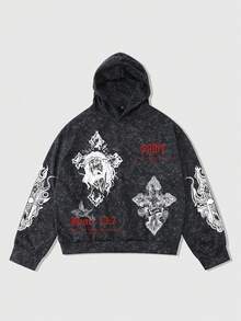 ROMWE MEN Goth 男士做旧宗教图案十字架印花连帽衫，长袖上衣 - 黑色 - 查看 1