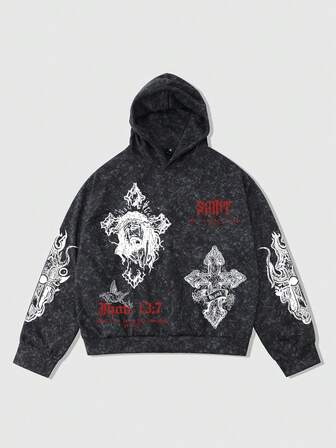 Goth Felpa con cappuccio da uomo per primavera, autunno e inverno, felpa personalizzata con grafica religiosa e stampa effetto vissuto grigio/nero, design dettagliato adatto agli uomini, versatile per occasioni casual e di stile