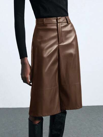 Maija 2025 Women's Solid Color Pocket Wide Leg Loose Casual PU Leather Capri Pants