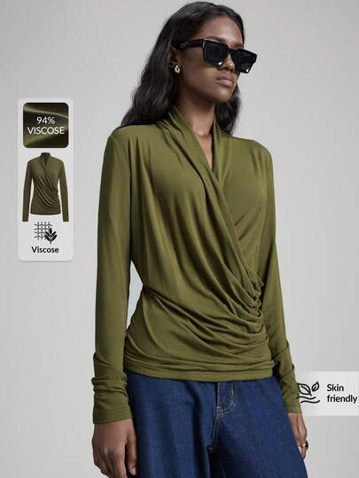 Ontre Women's Olive Green V-Neck Ruched Design Shoulder Long Sleeve Cuff Elegant Sophisticated Urban Casual Business Office Wear, Low-Key Vintage Vibe, High-Quality Airport Travel Cruise, Versatile Layering Top Modern Urban Casual Fashion Business Casual Women's Office Wear Low-Key Old Money Style Effortless Temperament High-End Urban Commuting High-Quality Airport Women's Wear High-End Material Street-Cool, High-End, Simple, Cool Motorcycle Style Workwear Christmas Evening New Year