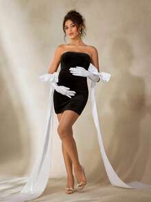 Cheriluna Maternity Maternity Photography Velvet Strapless Dress/Women's New Year's Eve Dresses/Black Dress/Winter Dress - Black and White - View 3