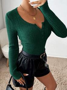 Siren Gaze 女士休闲针织百搭基本款圆领半扣罗纹针织长袖T恤修身T恤返校T恤教师T恤教师服装秋季女上衣秋季女装 - 墨綠色 - 查看 7