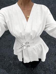 Siren Gaze 双排扣双收腰收腰长袖衬衫，柔软亲肤，适合工作或度假 - 白色 - 查看 6