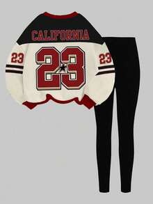 Slaydiva 2pcs/Set Casual Loose Crew Neck Sweatshirt And Skinny Leggings Pants