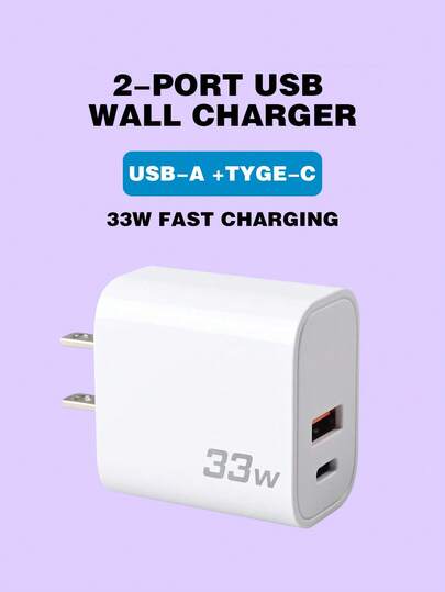 33W PD 壁式充电器，美国插头，PD3.0 快速 Type-C 充电器适配器，兼容 Apple/Android 智能手机、相机、MP3 播放器等。适用于旅行、办公室、宿舍和家庭多端口