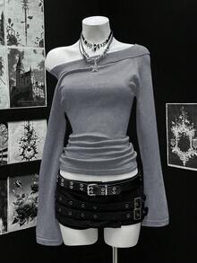 EgrlEra 女士纯色露肩长袖荷叶边时尚毛衣，秋冬季 - 灰色 - 查看 1