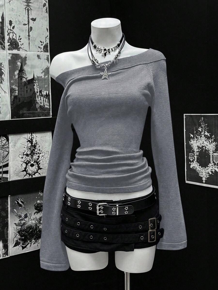 EgrlEra 女士纯色露肩长袖荷叶边时尚毛衣，秋冬季 - 灰色 - 查看 1