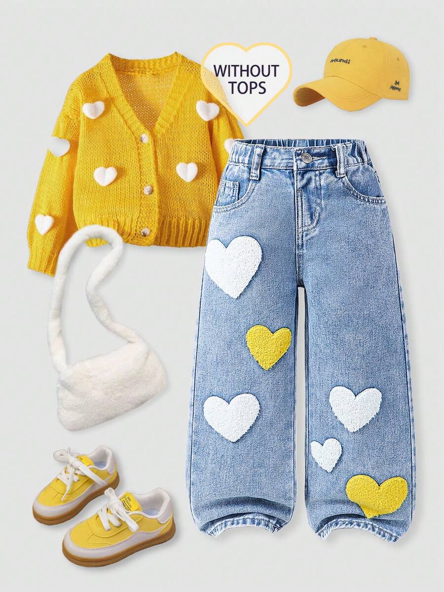 Young Girl' Retro Sweet Colorful Embroidered Casual Loose Comfortable Washed Light Blue Denim Wide Leg Pants