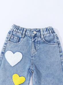 Young Girl' Retro Sweet Colorful Embroidered Casual Loose Comfortable Washed Light Blue Denim Wide Leg Pants