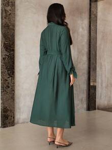 Roveilla Áo cánh tay dài dáng rộng cổ chữ V bèo nhún đôi cỡ lớn dành cho nữ, phong cách đường phố giản dị, lãng mạn kiểu Pháp ngọt ngào, thanh lịch, phù hợp cho đi làm văn phòng, đa năng cho mùa thu/đông, váy xanh đậm cỡ lớn dành cho nữ, váy xanh lá cây, váy midi cong, váy dài tay thanh lịch, váy xanh Hunter - màu xanh lá - Xem 2