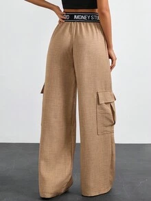 EURMUSE Fashionable Commuter Letter Webbing Waistband Cargo Wide Leg Pants - Cream - View 2