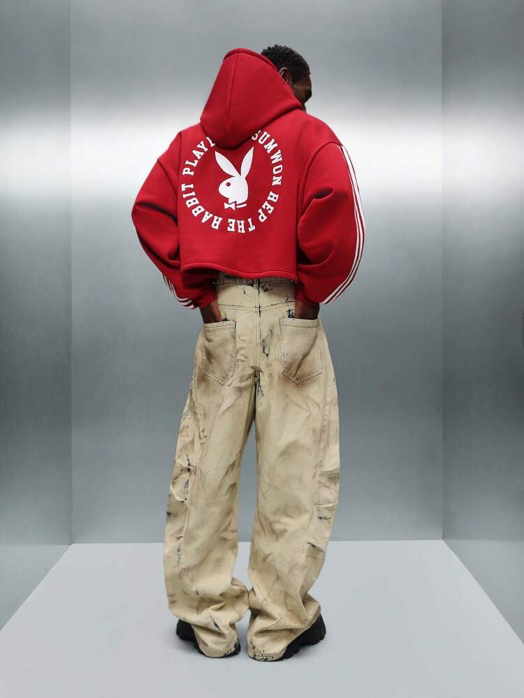 PLAYBOY X SUMWON Cropped Hoodie With Drawstring And Striped Sleeves