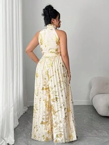 Elenzga Christmas Plus Size Women's Elegant Romantic Gold Foil All-Over Print Sleeveless Ruffle Collar Pleated Wide Leg Jumpsuit With Belt, Suitable For Spring, Summer, Autumn Travel, Vacation, Evening Party, Holiday