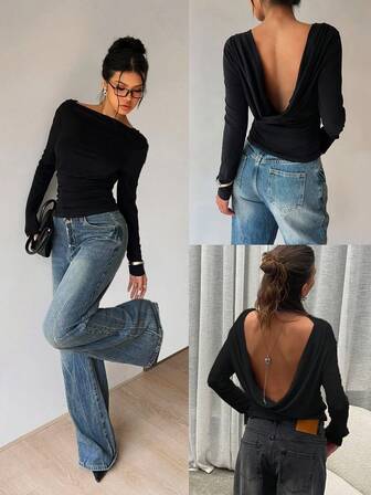 Siren Gaze Deep V-Back Long Sleeve Top Winter Black