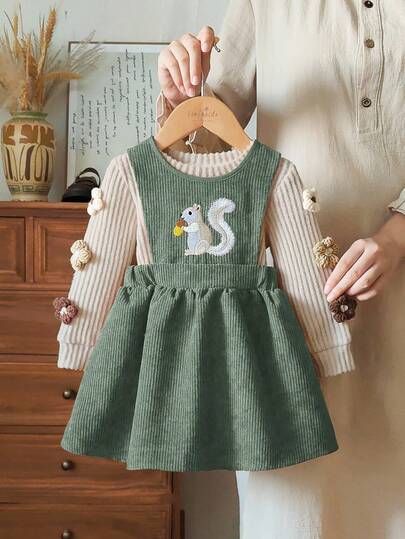 SHEIN Vintaside Kids Baby GirlCute Embroidered Squirrel Pattern Long Sleeve Dress, Pinafore Dress Outfit, Adorable & Sweet, Suitable For Various Occasions, Autumn/Winter