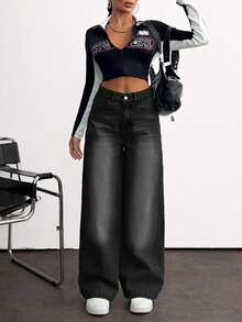 EURMUSE High Waist Baby Blue Wide Leg Denim Jeans - Dark Grey - View 5