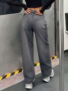 EURMUSE HIGH WAIST LOOSE STRAIGHT JEAN CASUAL - Grey - View 2