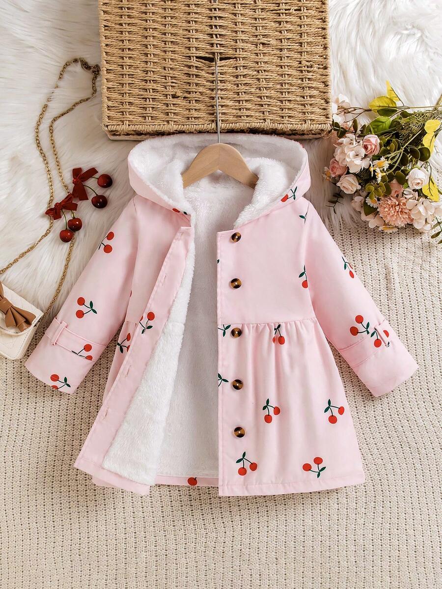 Girls Cute Cherry Print Double-Breasted Hooded, Fashionable Casual Fleece Jacket For Autumn/Winter, Outdoor Young Girls Elegant Peter Pan Coat Clothes - Pink - View 1