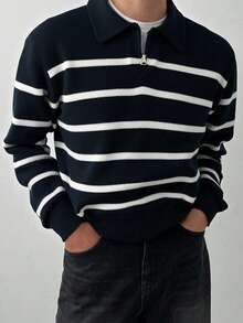 Claim Dot Autumn/Winter New Arrival Funnel Neck Half-Zip Up Long Sleeve Contrast Color Casual Pullover Sweater For Men Men Knitted Polo Fall Clothes For Men Polo Sweater Striped Sweater Men Long Sleeved Striped Men
