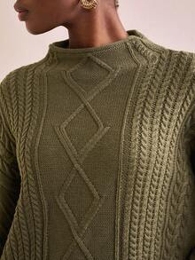 Zivah Winter New Styles, Christmas, New Year, Wedding Season, Valentine's Day, Birthday Parties, Graduation Season, Daily Outings, Basic, Versatile, Casual Vacation, Cruise Travel, Casual Elegance, Commuting, Street European Style, Simple Style, Women's Holiday Outfits, Small Stand-Up Collar, Braided, Woolen, Off-The-Shoulder, Loose Long-Sleeved, Military Green Sweater, Pullover, Women's Sweater - Army Green - View 1