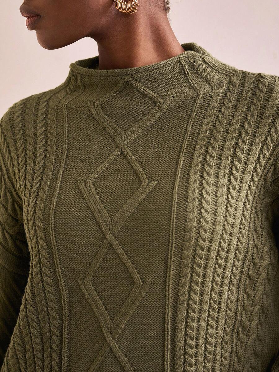 Zivah Winter New Styles, Christmas, New Year, Wedding Season, Valentine's Day, Birthday Parties, Graduation Season, Daily Outings, Basic, Versatile, Casual Vacation, Cruise Travel, Casual Elegance, Commuting, Street European Style, Simple Style, Women's Holiday Outfits, Small Stand-Up Collar, Braided, Woolen, Off-The-Shoulder, Loose Long-Sleeved, Military Green Sweater, Pullover, Women's Sweater - Army Green - View 1