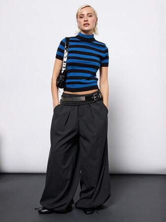 COUREZ Top de punto de cuello alto y manga corta con rayas / Conjuntos de invierno Y2K para salir Tops negros Conjuntos sexys para salir Tops azules Nuevos tops de Cue para Año Nuevo