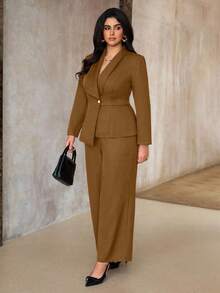 Flirla 大码秋冬欧美风梭织西装套装，法式修身直筒裤，时尚优雅的OL套装，棕色两件套，女士两件套，优雅女士办公套装，商务休闲女士两件套，女士西装套装，商务休闲女士两件套，棕色两件套，女士两件套，优雅女士西装套装，商务休闲女士两件套，棕色两件套，女士两件套，优雅女士 - 棕色 - 查看 3