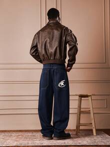 SUMWON 阔腿宽松牛仔裤，白色Logo印花，休闲街头风长裤，印花宽松牛仔裤，蓝色宽松牛仔裤，男士S码纯色超大牛仔裤 - 藍色 - 查看 5