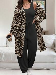 Vionelle Bộ 2 món áo khoác họa tiết da báo thanh lịch thường ngày cỡ lớn dành cho nữ, Thu/Đông - màu đen - Xem 2