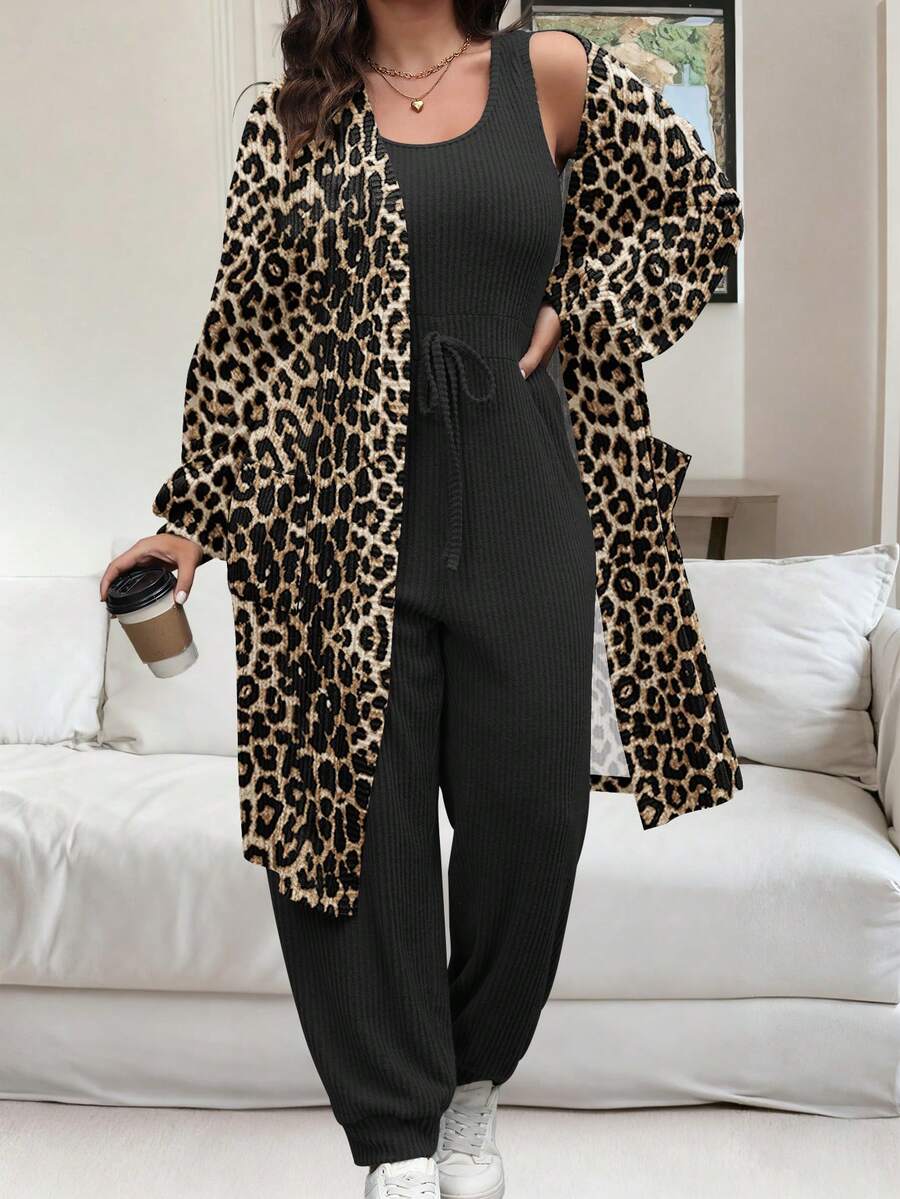 Vionelle Bộ 2 món áo khoác họa tiết da báo thanh lịch thường ngày cỡ lớn dành cho nữ, Thu/Đông