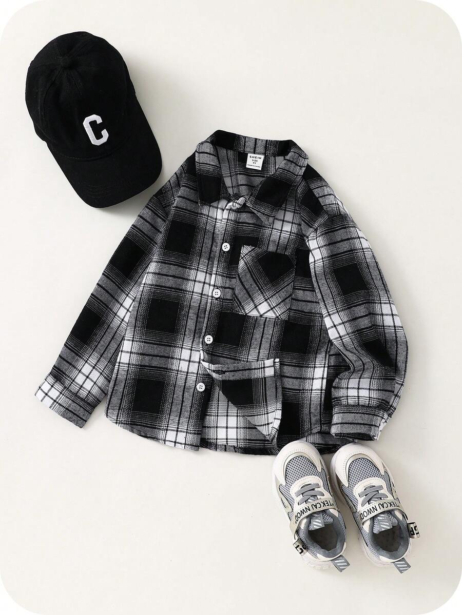 SHEIN 儿童/男孩休闲格子领贴袋前开宽松梭织衬衫，适合通勤、上学、日常休闲、旅行、运动、春夏/秋冬