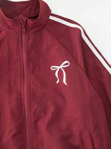 Tween Girls' Casual Cute Korean Style Bow Print Lightweight Jacket, Suitable For Back To School, Graduation Season - Burgundy - View 4