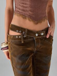 TRNVIE Women's Casual Street Style Flocked Denim Pants - Brown - View 7