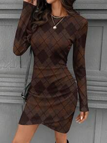 SHEIN LUNE Casual Autumn Long Sleeve Fitted Waist Ruched Elegant Retro Plaid Mini Dress For Women, Suitable For Autumn/Winter Coffee Brown Dress Long Sleeve Elegant Dress Brown Elegant Dress Women - Multicolor - View 3