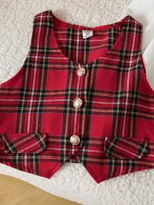 Emery Rose Kids 3 件套年轻女孩优雅金色纽扣背心、荷叶边领衬衫和百褶裙格子套装，适合秋冬季、派对、日常穿着、圣诞节、学校、姐妹装 - 紅白色 - 查看 8