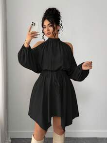 Elenzga 大码女装纯色新款褶皱吊带长袖圆领弹力腰身不对称下摆灯笼袖蝴蝶结约会之夜精致时尚优雅休闲宽松简约浪漫连衣裙 - 黑色 - 查看 7