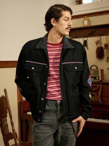RivetRise Chaqueta de mezclilla negra de manga larga con cuello vuelto y bordado para hombre, chaqueta de mezclilla negra de otoño/invierno, chaqueta de mezclilla negra de concierto de pareja para estilo punk - Negro - Ver 5